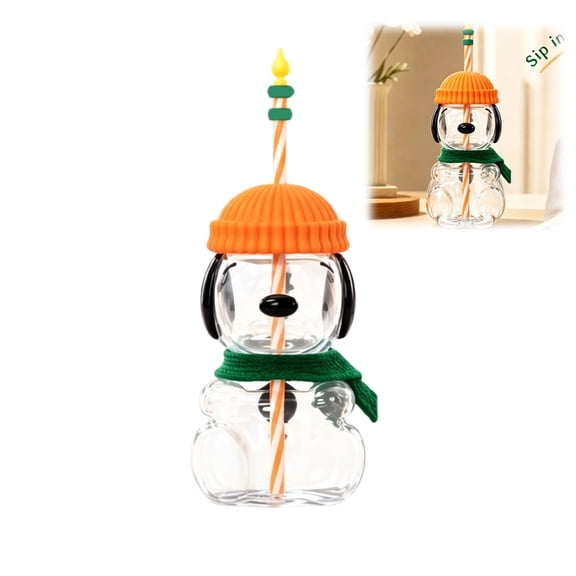 20oz Dog Glass Cup with Straw, Cute 3D Dog Shaped Glass Tumbler with Silicone Hat Lid & Fabric Scarf, Clear Glass Water Cup for Iced Coffee Juice, Home Office Drinkware Gift