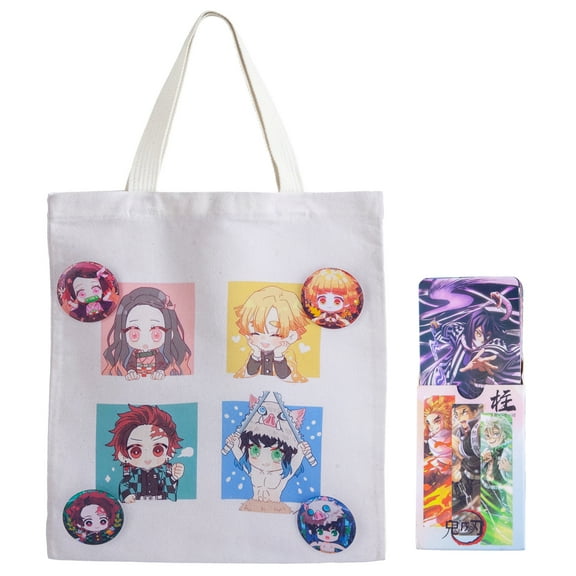 ​Demon Slayer Tote Bag 15" with 4 Character Pins and Cards Set - Tanjiro Nezuko Zenitsu Inosuke Anime Crossbody Shoulder Bag​​