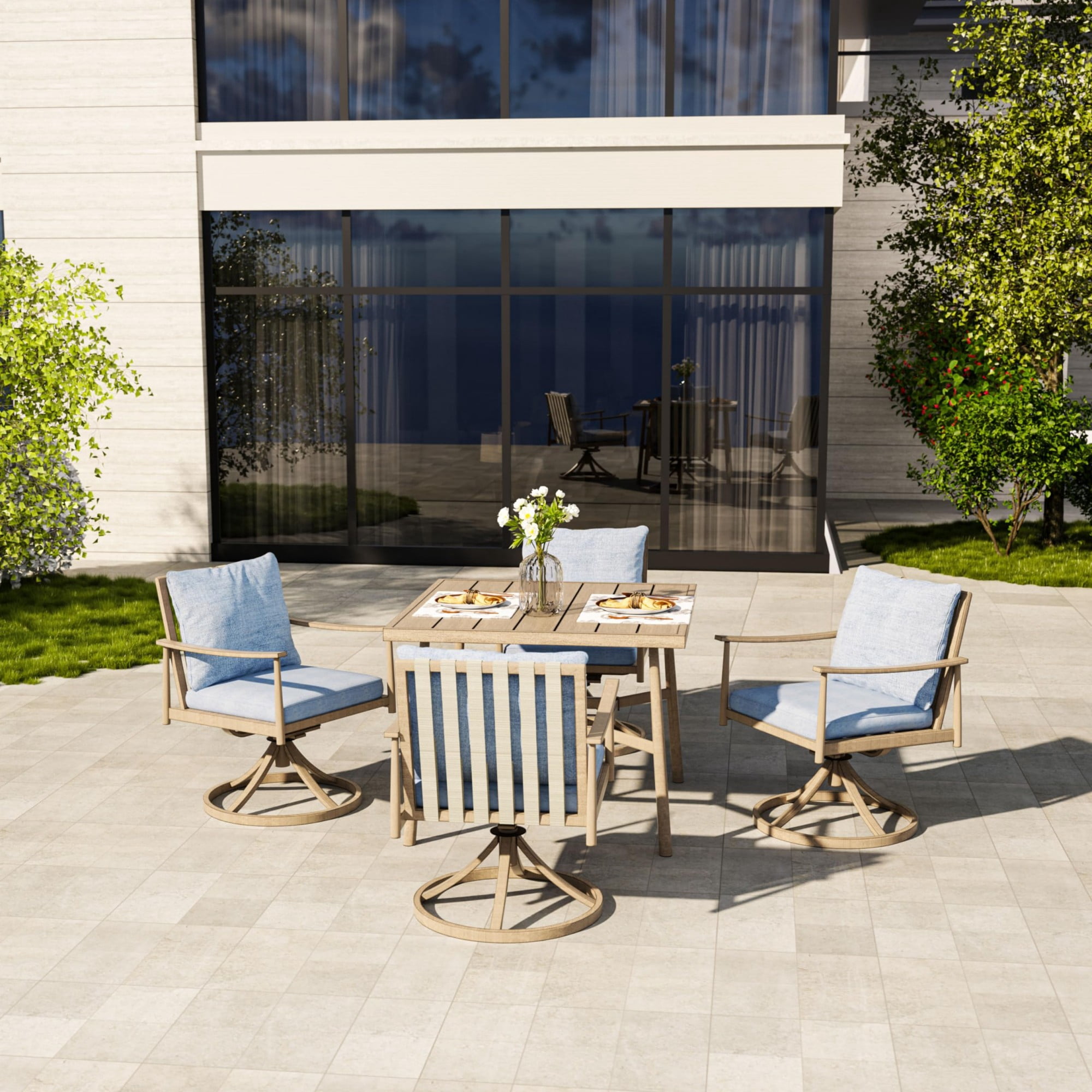 Outdoor Swivel Dining Chairs Set of 2, Aluminum Patio Swivel Chairs with Cushions, 360 Degree Rope Backrest Armrest for Porch Backyard Pool, Brown/Blue