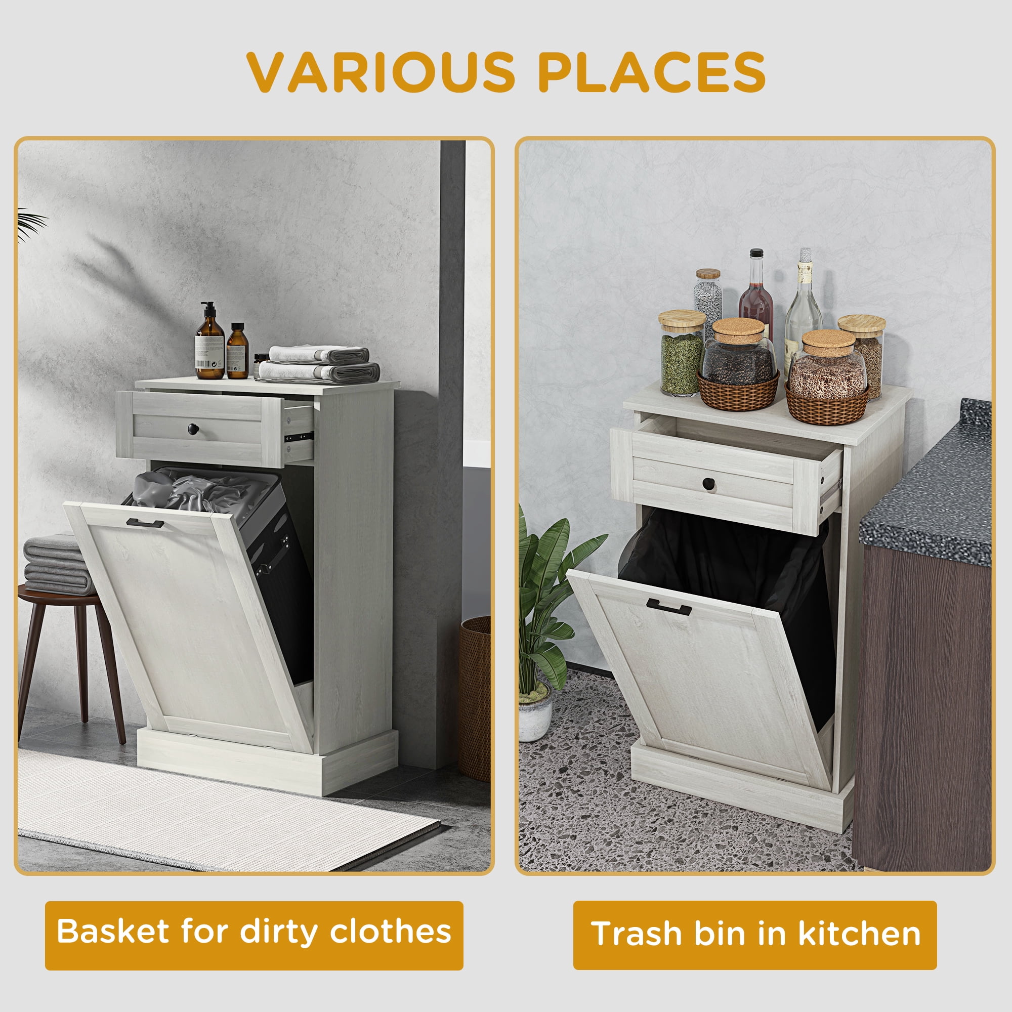 HOQBN Kitchen Tilt‑Out Trash Bin Cabinet, Multipurpose Storage Cabinet with Extra Drawer for Home Kitchen, Light Gray