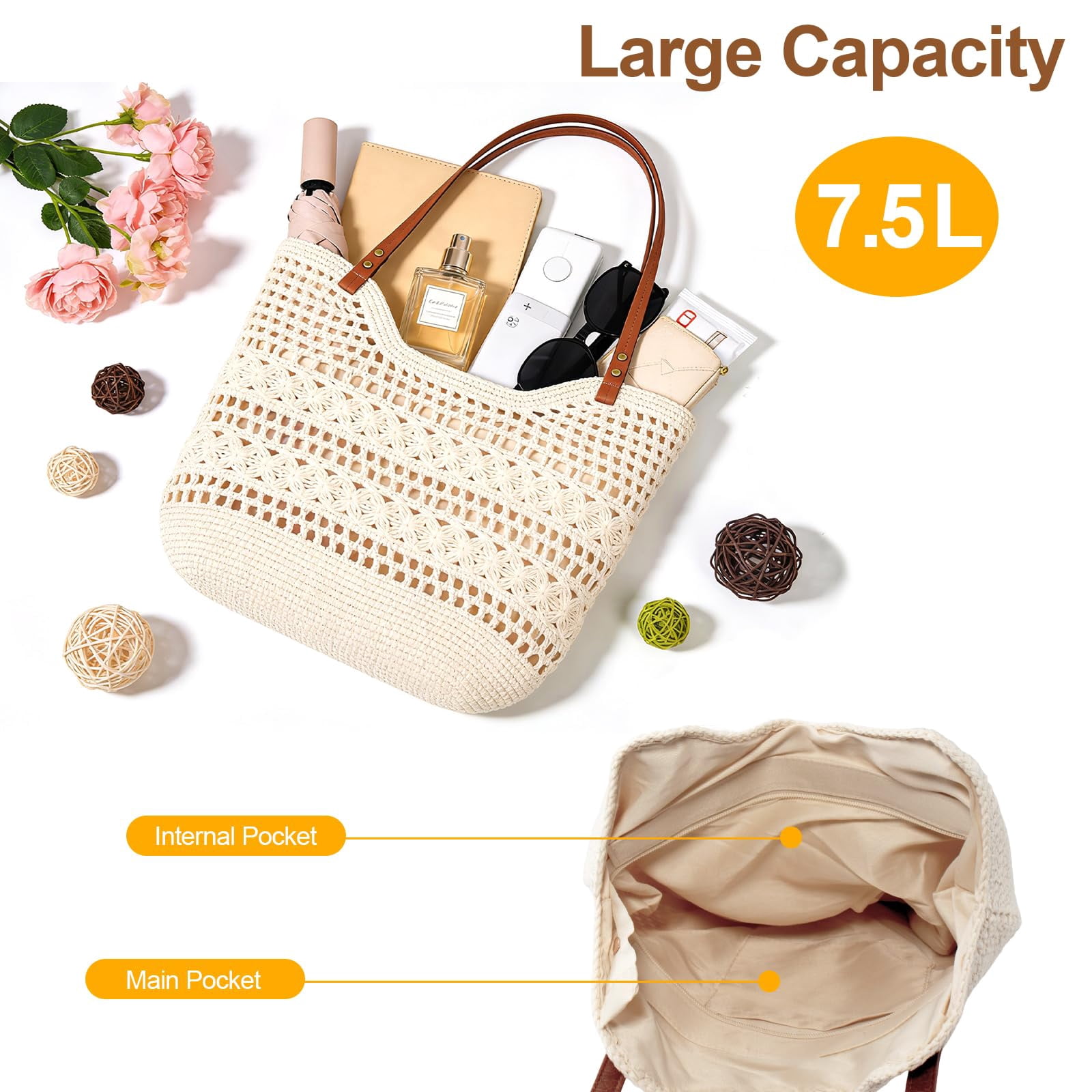 Peicees Small Crochet Beach Bag For Women- Woven Boho Purse Knitted Shoulder Bag For Summer Vacation Beachy Travel Pool