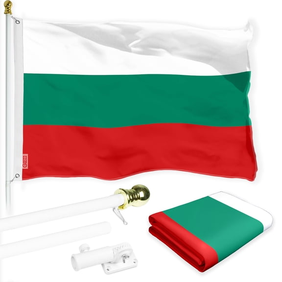 G128 Combo Pack: 6 Ft Tangle Free Spinning Flagpole (White) & Bulgaria Flag 3x5 Ft Printed 150D Polyester, Brass Grommets (Flag Included) Aluminum Flag Pole