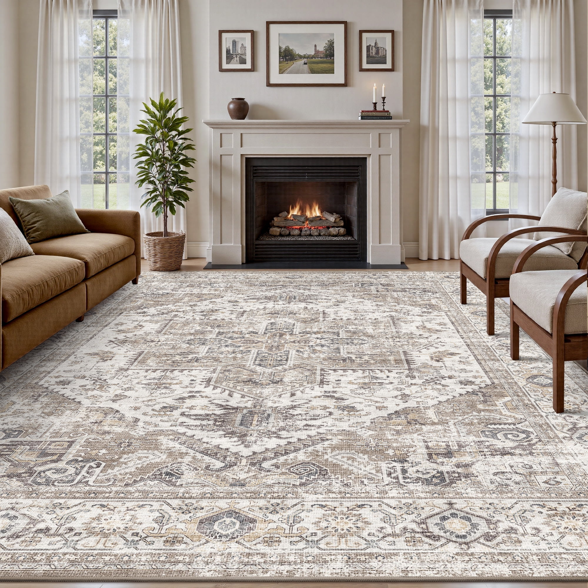 SIXHOME 8'x10' Washable Area Rug for Living Room Vintage Medallion Distressed Carpet Soft Low Pile Large Rug for Bedroom Dining Room Office Retro Indoor Home Decor Taupe