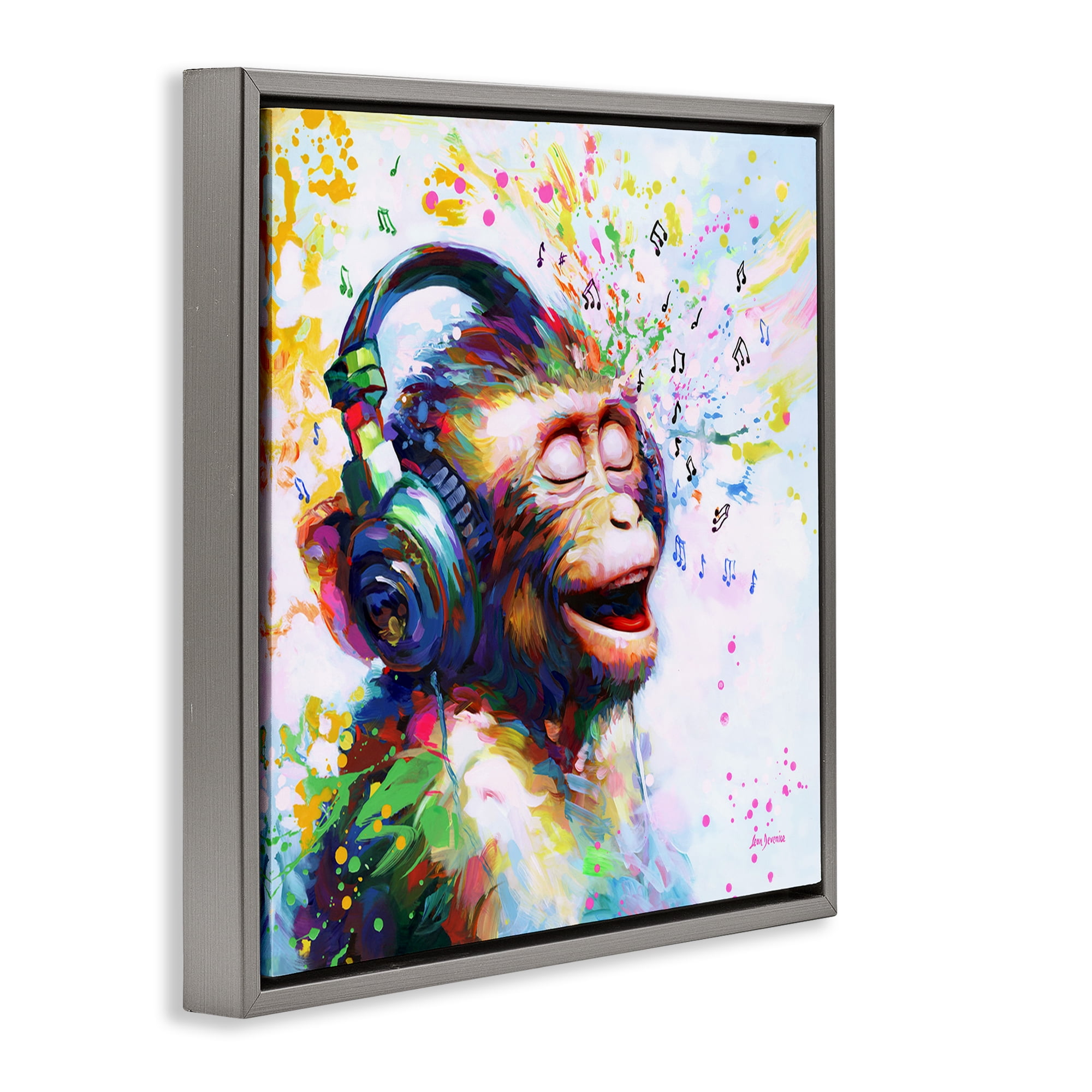 Stupell Industries Blissful Beats Monkey Animals & Insects Painting Gray Floater Framed Canvas Art Print Wall Art, 18 x 18