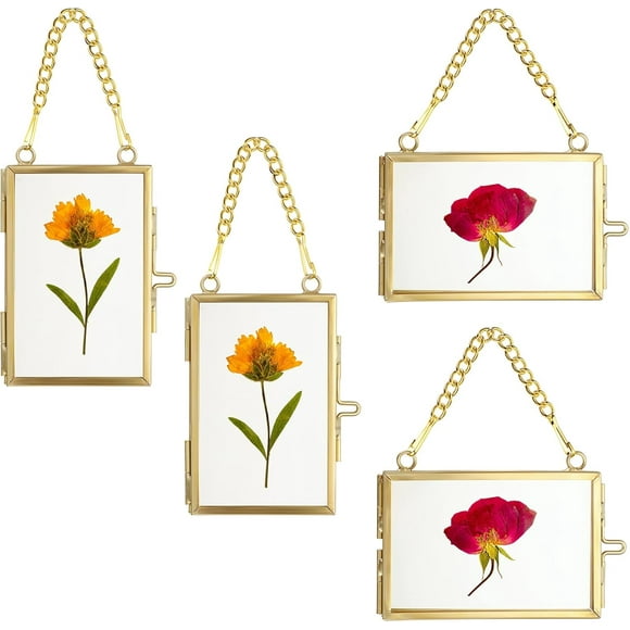 shiyou-Set of 4 Mini Hanging Picture Frame Glass Wall Hanging Photo Frames Gold Hanging Pressed Flower Frames Vintage Artwork Display Frames, 2x3 inch（2 Horizontal 2 Vertical）