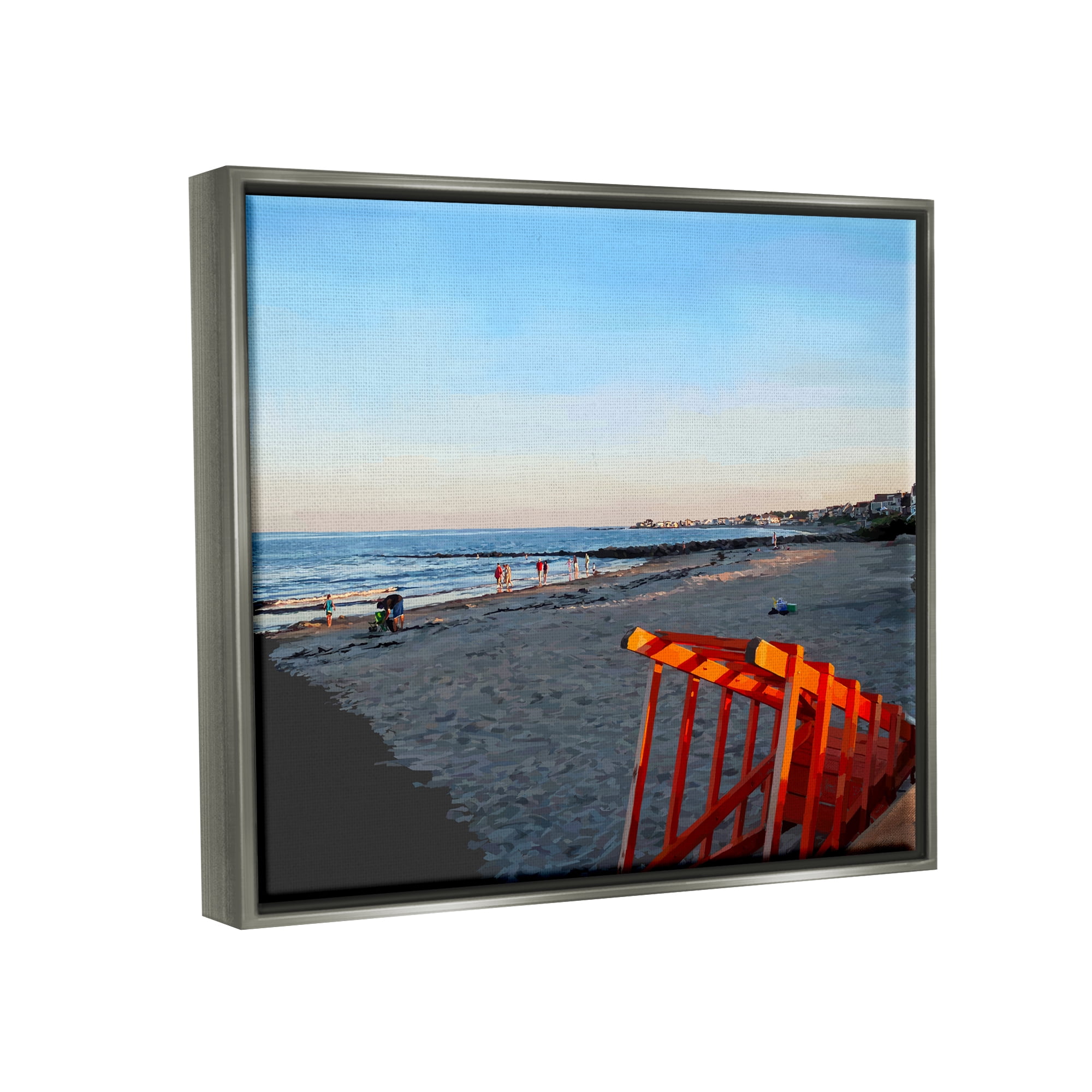 Stupell Beach Walkway People Lounging Landscape Painting Gray Floater Framed Art Print Wall Art