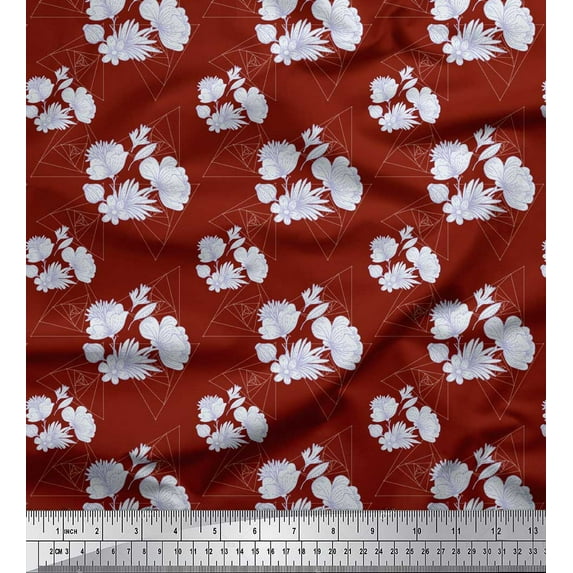 Soimoi Red Japan Crepe Satin Fabric Artistic Flower & Geometric Print Fabric by the Yard 42 Inch Wide