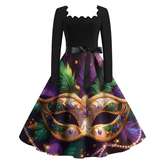 Fgvctg Mardi Gras Dress Party for Women Carnival Square Neck Cocktail Dress Glitter Mask Print Trendy 50s Tea Dress Vintage Long Sleeve A-Line Parade Outfit Gold S