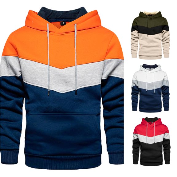 Ticikt Men Chevron Color Block Pullover Hoodie, Loose Fit Long Sleeve Fall Winter Street Sports Casual Sweatshirt Jacket