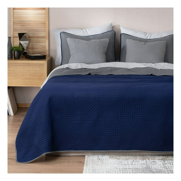 Edredón Ligero Real Textil + 2 Fundas de Almohada, Juego de Colcha King Size, Color Azul Marino/Gris Oscuro