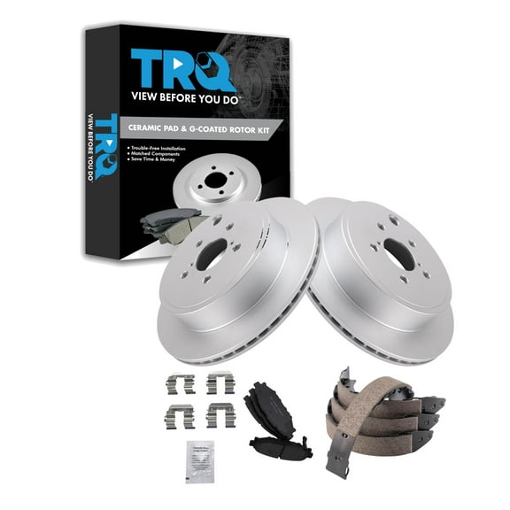TRQ Rear Brake Pad & Rotor Kit Brake Pads Brake Rotor Parking Brake Shoe Set Ceramic Premium G-Coated Fits Select 2013-2014 Subaru Legacy