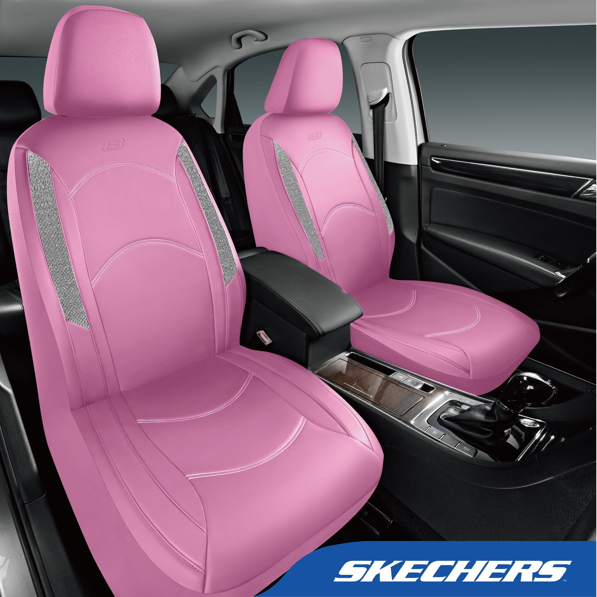 Skechers Leather Front Car Seat Cover – Stylish Diamond Design, Universal Fit - Pink