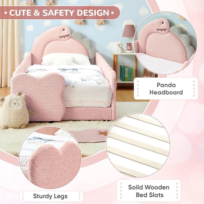 Twin Size Upholstered Platform Bed with Dinosaur Shaped Headboard, Boucle Fabric Kids Bed with Slats Support, Space-Saving Daybed for Girl, Boy, Teenager