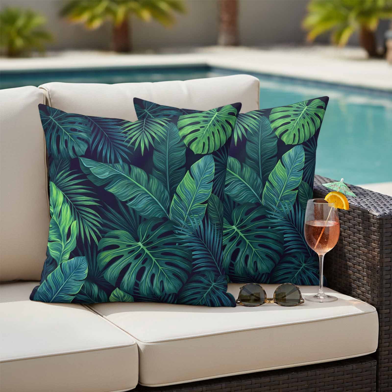 Tropical Plants Outdoor Waterproof Throw Pillow Covers 18x18 Set of 2, Summer Watercolor Teal Green Palm Leaves Decorative Pillowcases Cushion Pillowcase for Couch Sofa Patio Outside Pillow Protector