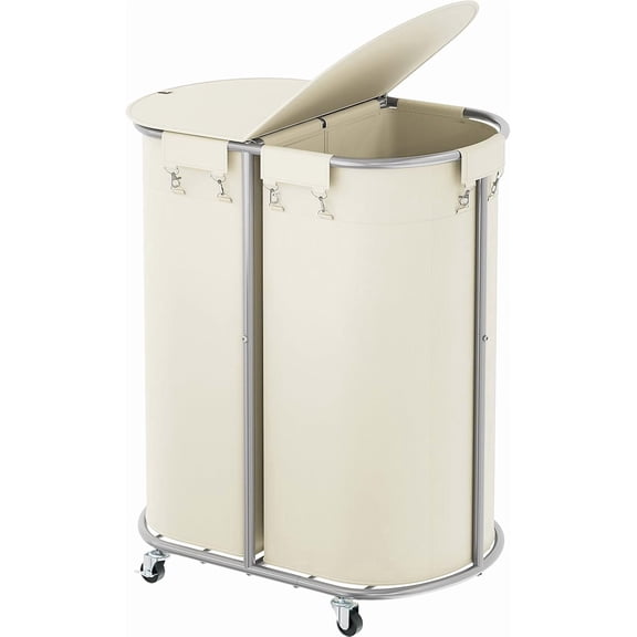 200L Double Laundry Hamper with Lid & Wheels, Oval Rolling Laundry Basket | Sturdy Metal Large Laundry Cart with 2 Removable Bags, Dirty Clothes Hamper 2 section for Bathroom, Bedroom, Beige