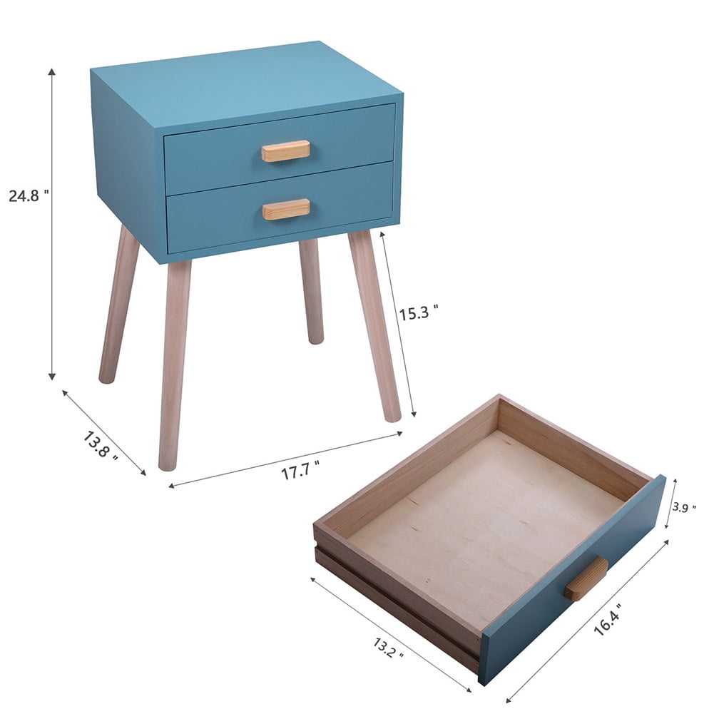 Kadyn Mid-Century Side Table, 2-Drawer Nightstand, Accent or End Table with Storage, Wood, Blue-1PCS