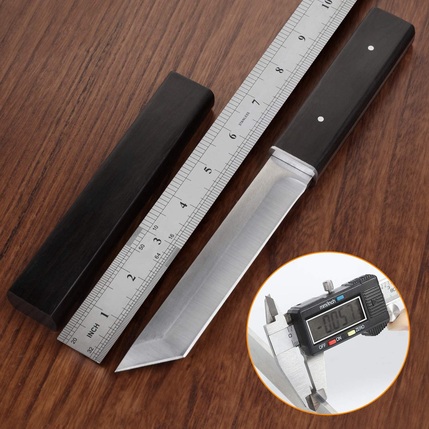 Tanto Knife, 10.7-inch Full Tang Fixed Blade Camping/Hunting Knife, Ebony Handle Scabbard, Stainless Steel Blade