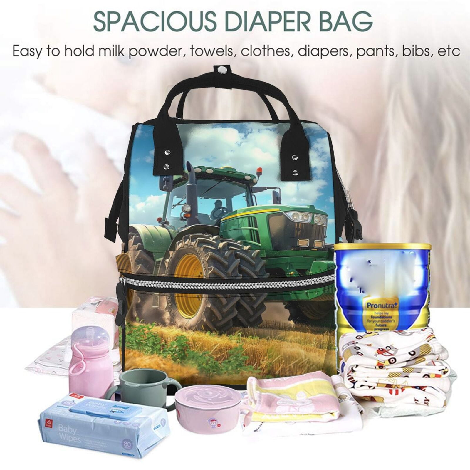 Ratiio Green Tractor Field Mummy Backpack - Waterproof Twill Canvas, Large Capacity Diaper Bag with Multiple Pockets and Adjustable Straps