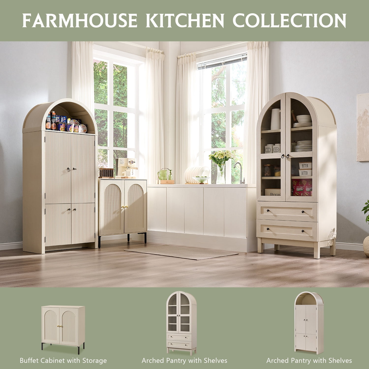 SinCiDo Arched Kitchen Pantry Storage Cabinet, 71" Tall Wood Pantry Shelves with 2 Doors & 2 Large Drawers for Dining Room Living Room