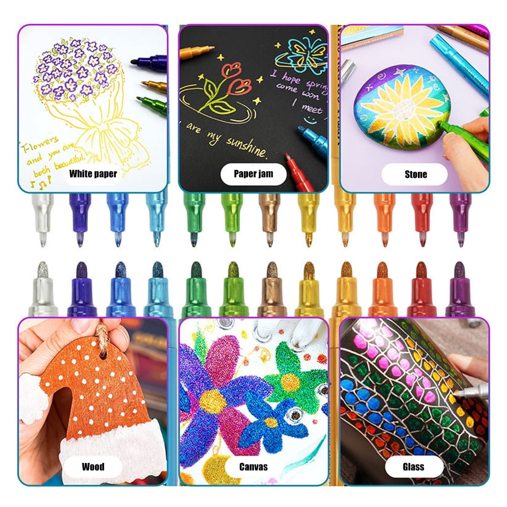 Double Ended Glittered Acrylic Paint Pen 12 Color Metallic Acrylic Marker for Scrapbooking Journal Planner Card Making
