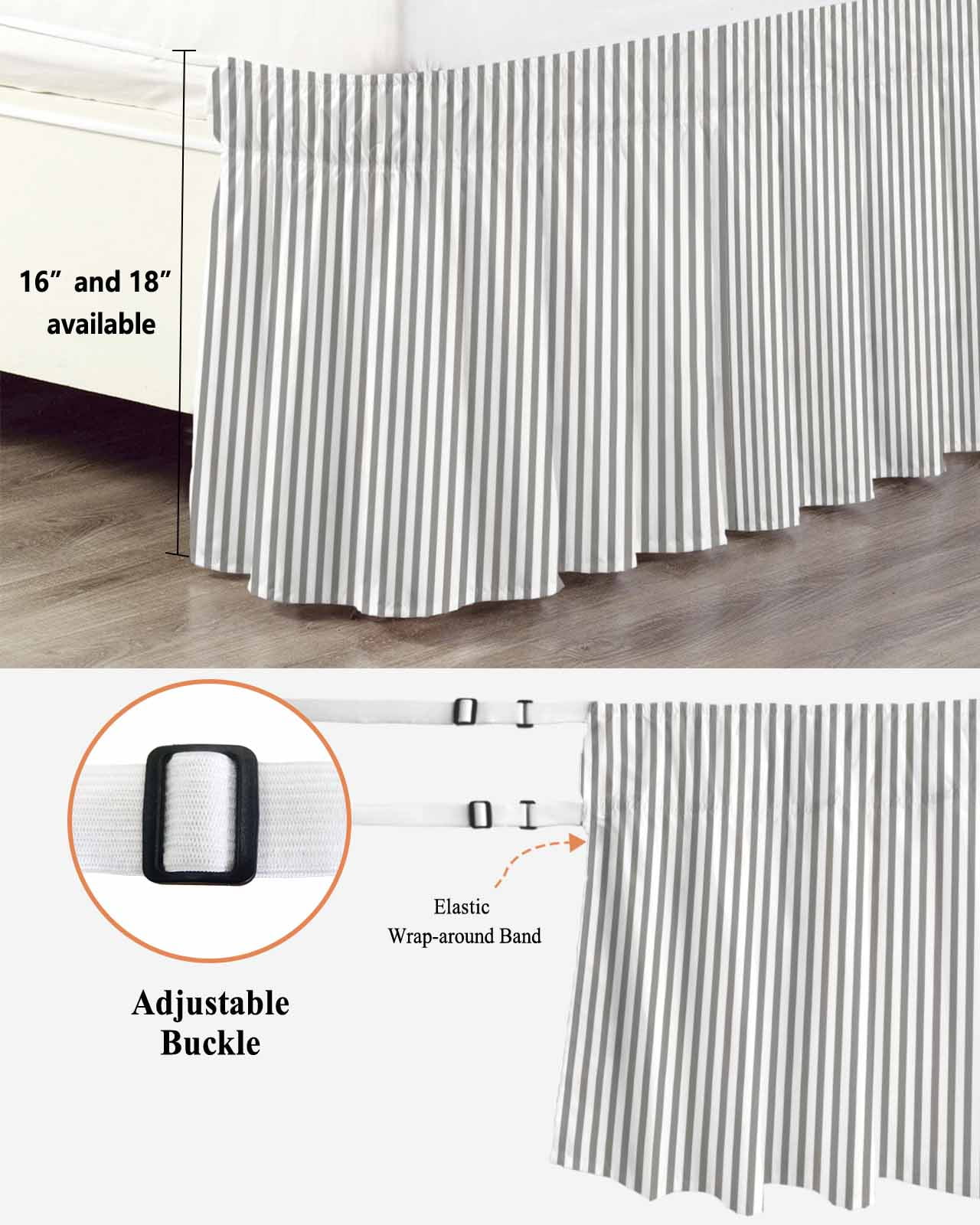 Grey and White Stripe Pattern Bed Skirt Queen Size 16&nbsp;Inch Drop, Simple Style Wrap Around Dust Ruffle Bedskirts, Wrinkle & Fade Resistant Easy Fit Bedskirt with Adjustable Elastic