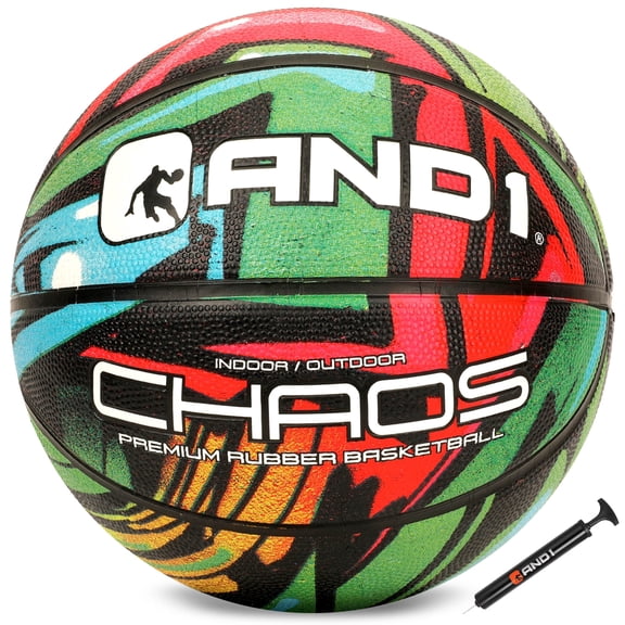AND1 Chaos Graffiti Rubber Basketball, Size 7 (29.5"), Indoor/Outdoor, Deep Channel Construction, Vibrant Colors, Includes Hand Pump