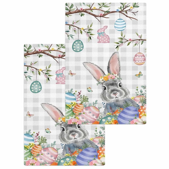 Easter Kitchen Dish Towels for Drying Dishes Set of 2, Spring Grey Bunny Botanical Eggs Leaves Lattice Waffle Weave Microfiber Hand Tea Bathroom Towels Quick Dry & Absorbent Towel 15.7x23.6