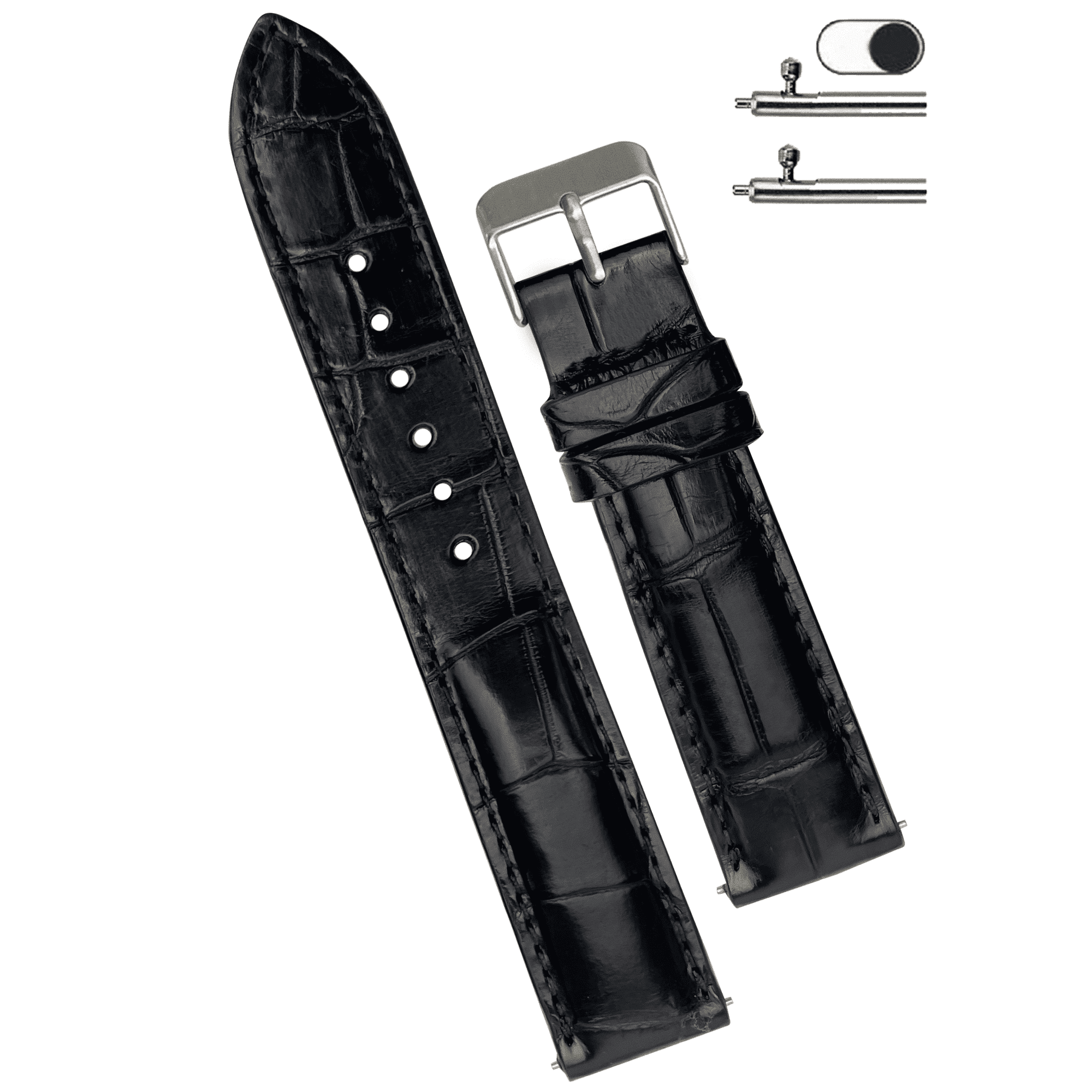 20mm Black Leather Watch Band Alligator Watch Strap Quick Release Replacement Wriststrap Stainless Steel Gift for Men Father's Day Husband DH-01-20MM