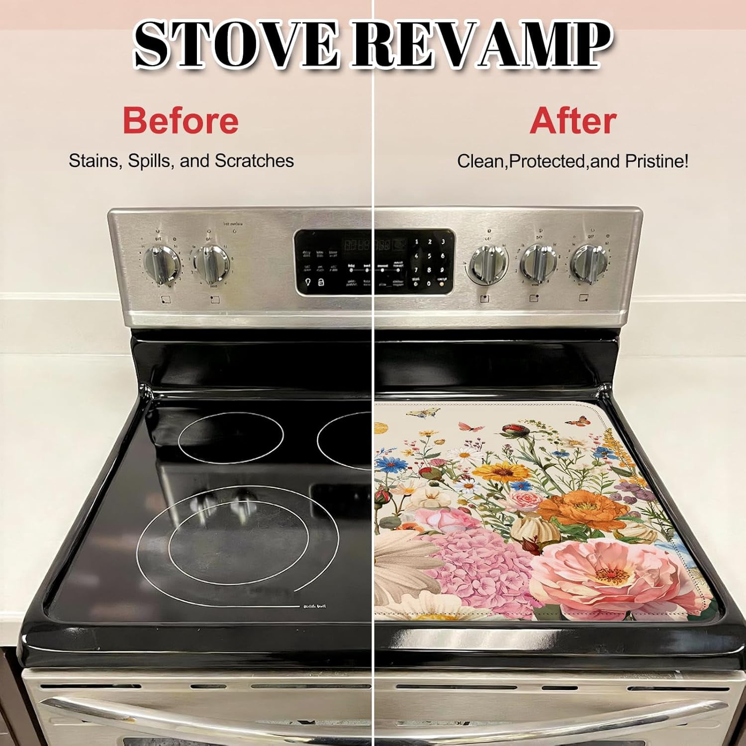 Retro Floral Stove Top Cover for Electric Stove 28"x20" - Wild Flowers Stove top Cover, Floral Heat Resistant Glass Cooktop Cover, Flat Range Stovetop Protector, Dish Drying Mat for Kitchen