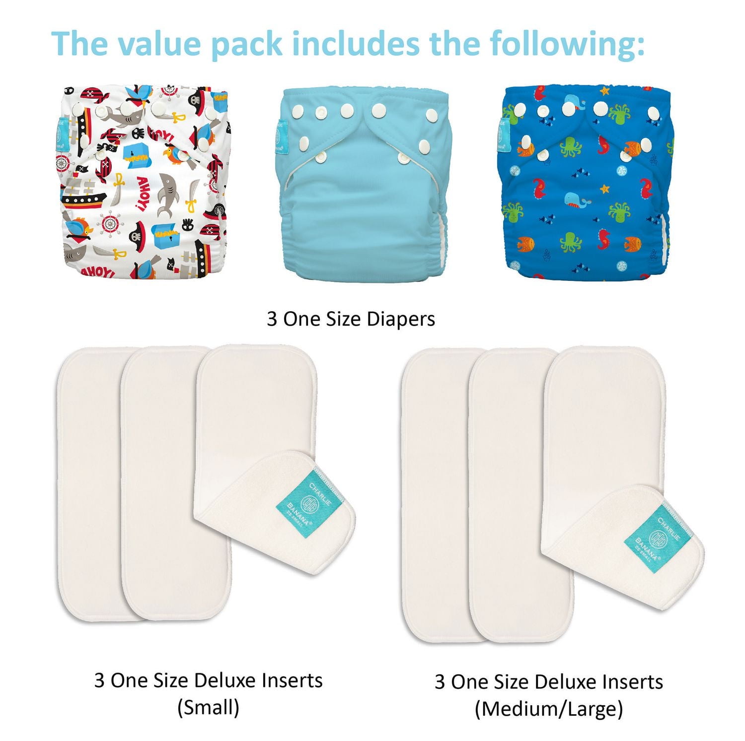 Charlie Banana 6 Inserts Oceana Hybrid All-in-One Reusable Diapers