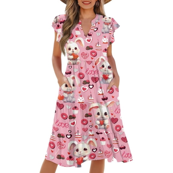 Yuyamidu Women's Easter Dresses Summer Dresses for Women 2026 Loose Ruffle Flutter Sleeve V Neck Tiered Swing Casual A Line Mini Beach Dress with Pockets Bunny Pink, Size S