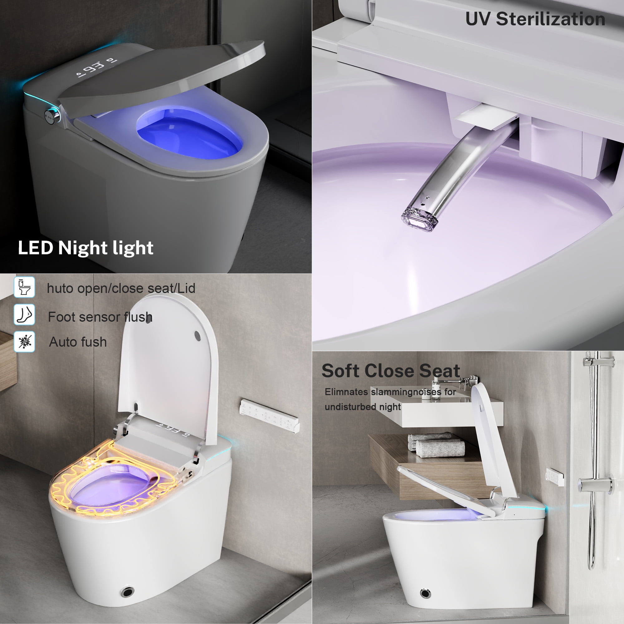 Built-In Smart Toilet With Nozzle, Heated Seat And Night Light, One-Piece Bathroom Toilet, Automatic Gentle Close, Foam Protection, Full/Half Flush