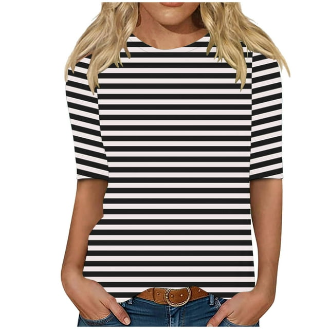 Enjoytime Blouses Grande Taille pour Femmes à Rayures Col Ras du Cou Manches Mi-Longues Chemises Décontractées Hauts de Travail de Bureau