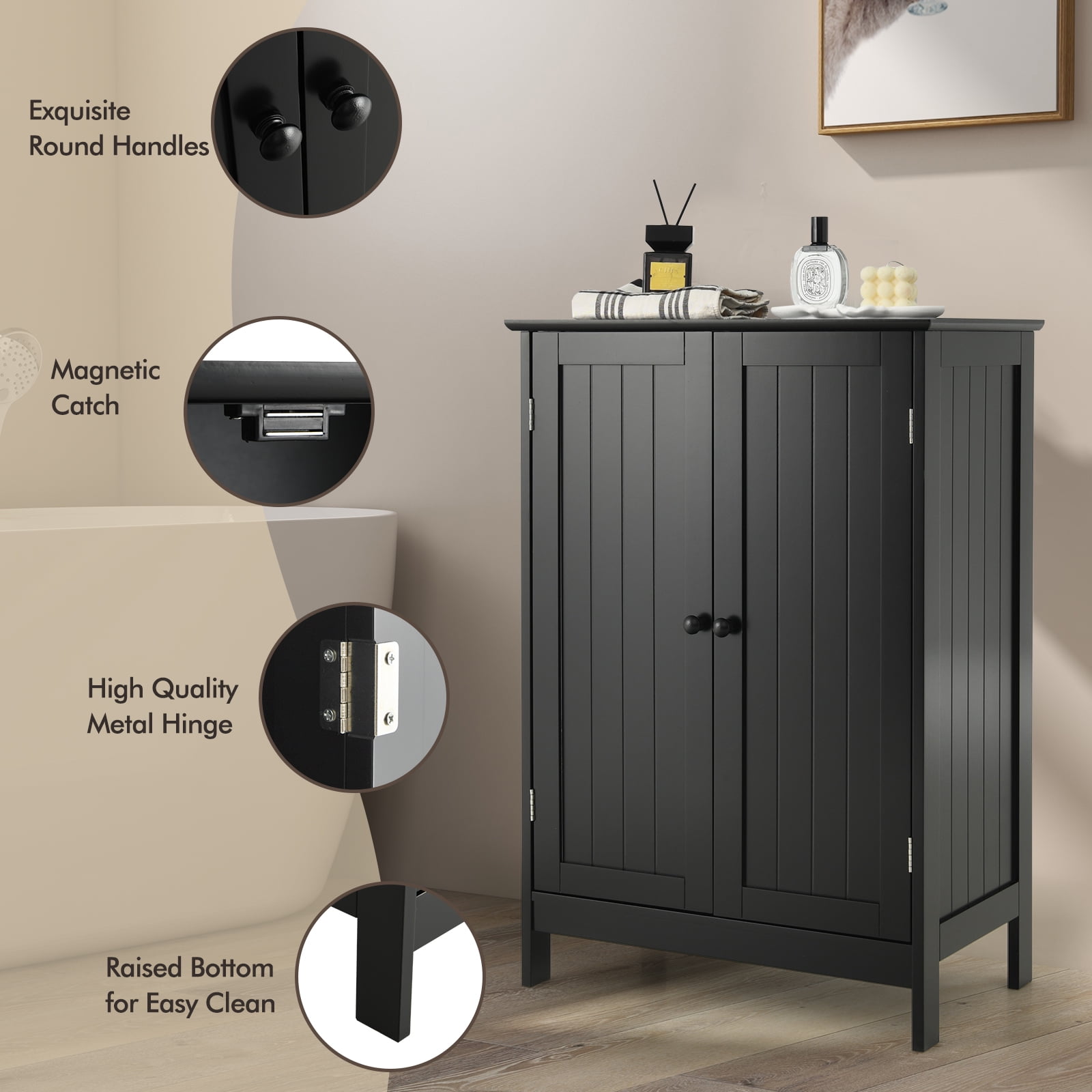 Topbuy Bathroom Storage Cabinet Freestanding Display Storage Organizer Cabinet w/ Double Doors Modern 3-Tier Floor Cabinet