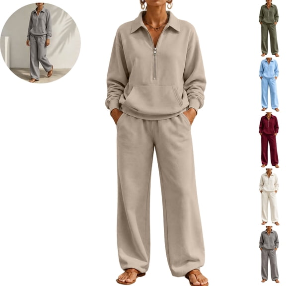 Mfakffe Womens 2‑Piece Casual Outfit Half‑Zip Collared Top and Wide Leg Pants Set Loose Relaxed Matching Tracksuit for Daily Wear