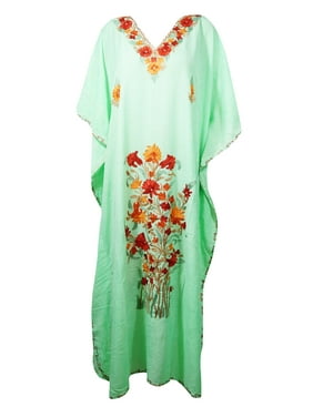 Mogul Women Light Green Embellished Maxi Dress, Kimono Caftan, Housedress Cotton Cover up, Kaftan, Lounger, Resort Wear Plus Size