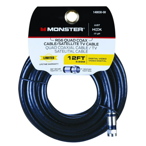 Monster Jhiu 140030-00 12 ft. Black RG6 Quad Video Coaxial Cable