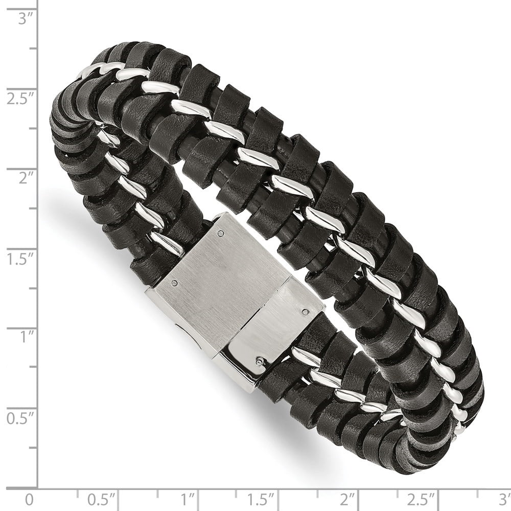 Diamond2Deal Stainless Steel Brushed and Polished Black Leather Bracelet for Men 9"