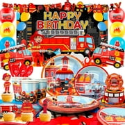 Fire Truck Birthday Party Supplies, 114pcs Firetruck Birthday Decorations & Tableware Set - Fire Truck Party Plates Cups Napkins & Firefighter Themed Balloon Backdrop etc Fire Truck Party Supplies