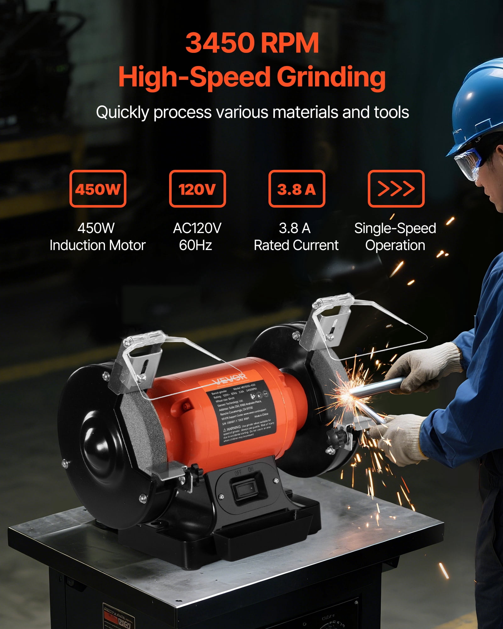 VEVOR Bench Grinder,6-inch Single Speed Bench Grinder,3450RPM High-Speed Table Grinders with 450W 3.8A Induction Motor, 36/60-Grit Grinding Wheel & Adjustable Eye Shield for Fast Sharpening Grinding