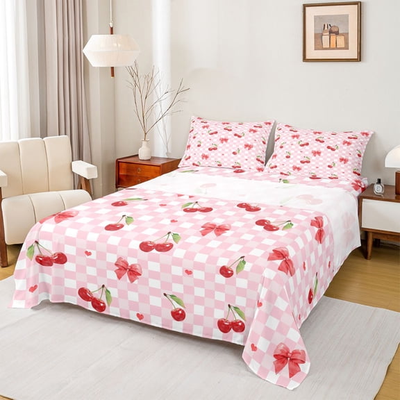 Erosebridal Watercolor Cherry Bow-tie Full Size Sheets for Girls Women, Pink Checkered Gird Bed Sheets, 4 Pieces