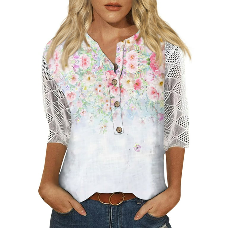 Womens 3/4 Sleeve Tops and Blouses Summer Floral Print Tunic Work Tops for  Women Large Bust Button Down Crewneck Tops Hollow Sleeve Lace Oversized  Graphic Tees for Women Country Spring Blouses 