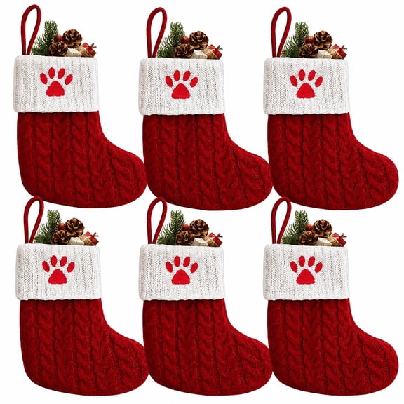 6 Pack Mini Knit Christmas Stockings with Cute Paw Prints,Hanging Holiday Ornaments for Tree,Mantel & Party Decor