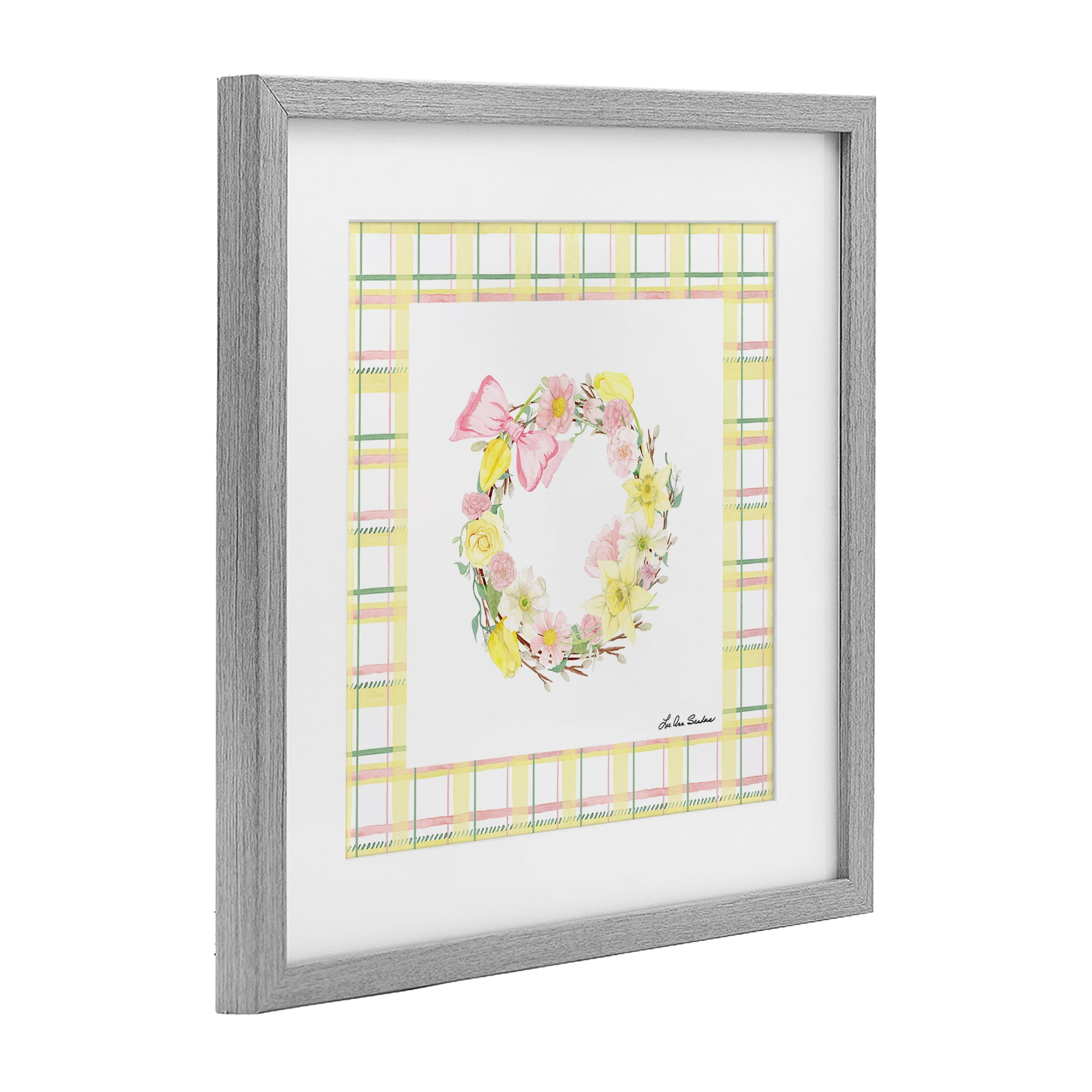 Wreath in Spring Pastels Gray Framed Print Under Glass, design by Lee Ann Sanders