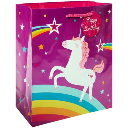 Way to Celebrate Gift Bag, Unicorn, Happy Birthday, Purple, Rainbow