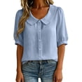 thumbnail image 2 of GERsome 3/4 Sleeve Shirts for Women Button Down Crew Neck Collared Tops Casual Work Summer Blouses,Sky Blue,Size S, 2 of 9