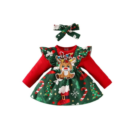

Newborn Baby Girls Romper Autumn Clothes Fall Suspender Dresses Outfit Long Sleeve Christmas Print Patch Skirt