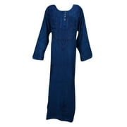 Mogul Maxi Dress Stonewashed Embroidered Blue Button Front Evening Party Dresses