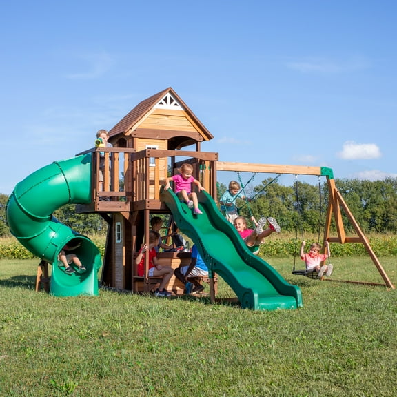 Backyard Discovery Cedar Cove Cedar Wood Swing Set, Slides, Clubhouse, Rock Wall, Grill
