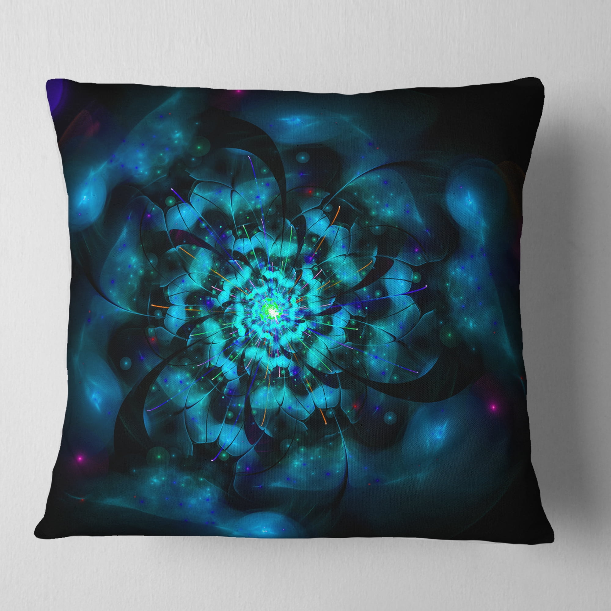 Designart Perfect Fractal Flower in Black and Blue - Floral Throw Pillow - 18x18